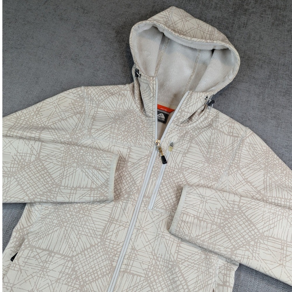 Nike ACG Jacket Women S Cream Tan Geometric Grid Fleece Lined Full Zip Hoodie